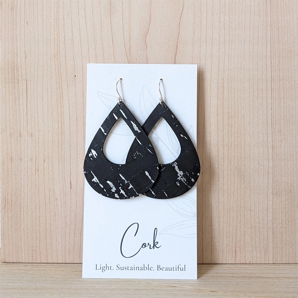 Plum Tree Handmade Black with Silver Teardrop Cork Earrings