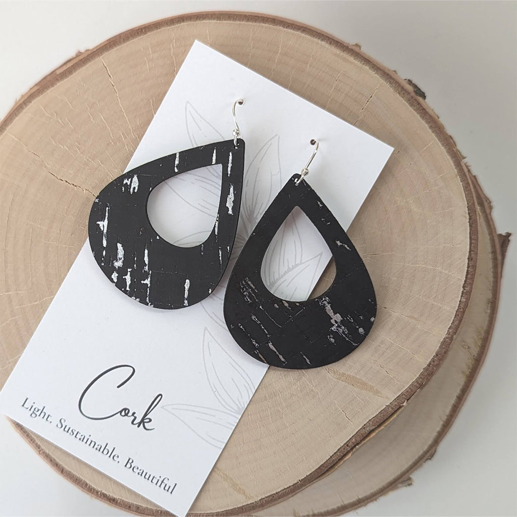 Plum Tree Handmade Black with Silver Teardrop Cork Earrings