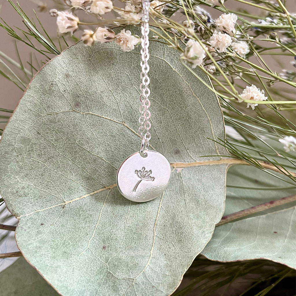 Emery and Opal Dandelion Stamped Necklace Silver
