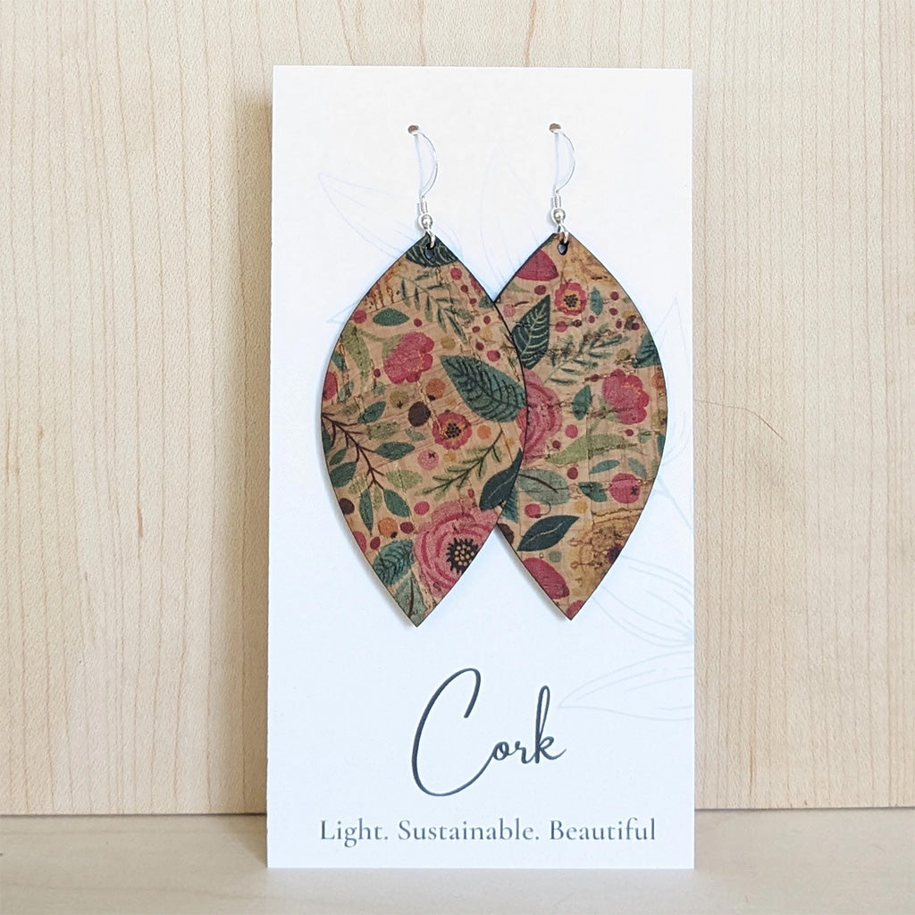 Plum Tree Handmade Green and Pink Floral Leaf Cork Earrings