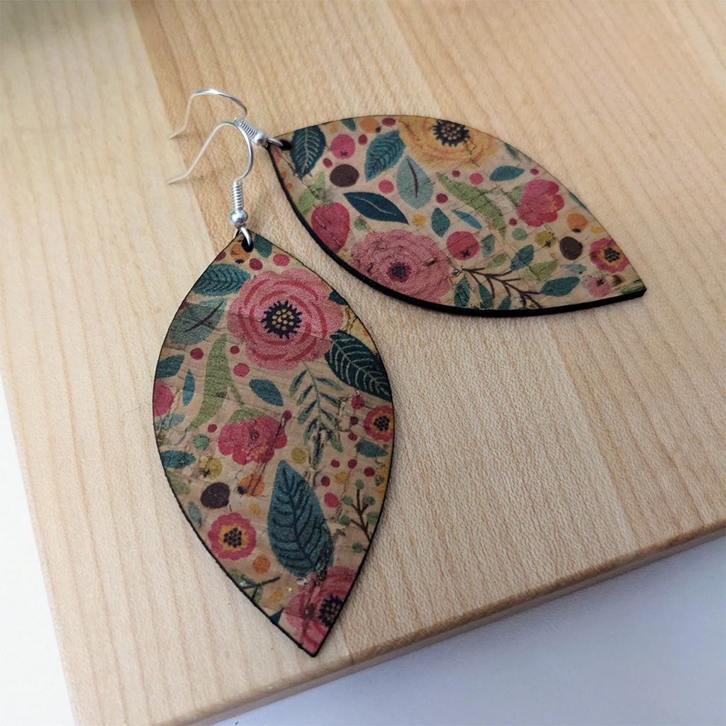 Plum Tree Handmade Green and Pink Floral Leaf Cork Earrings