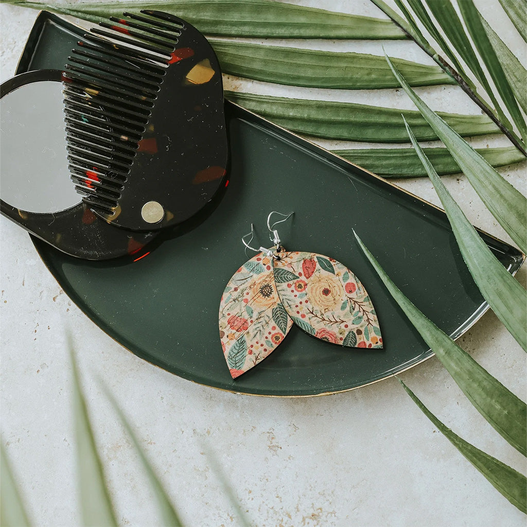 Plum Tree Handmade Green and Pink Floral Leaf Cork Earrings
