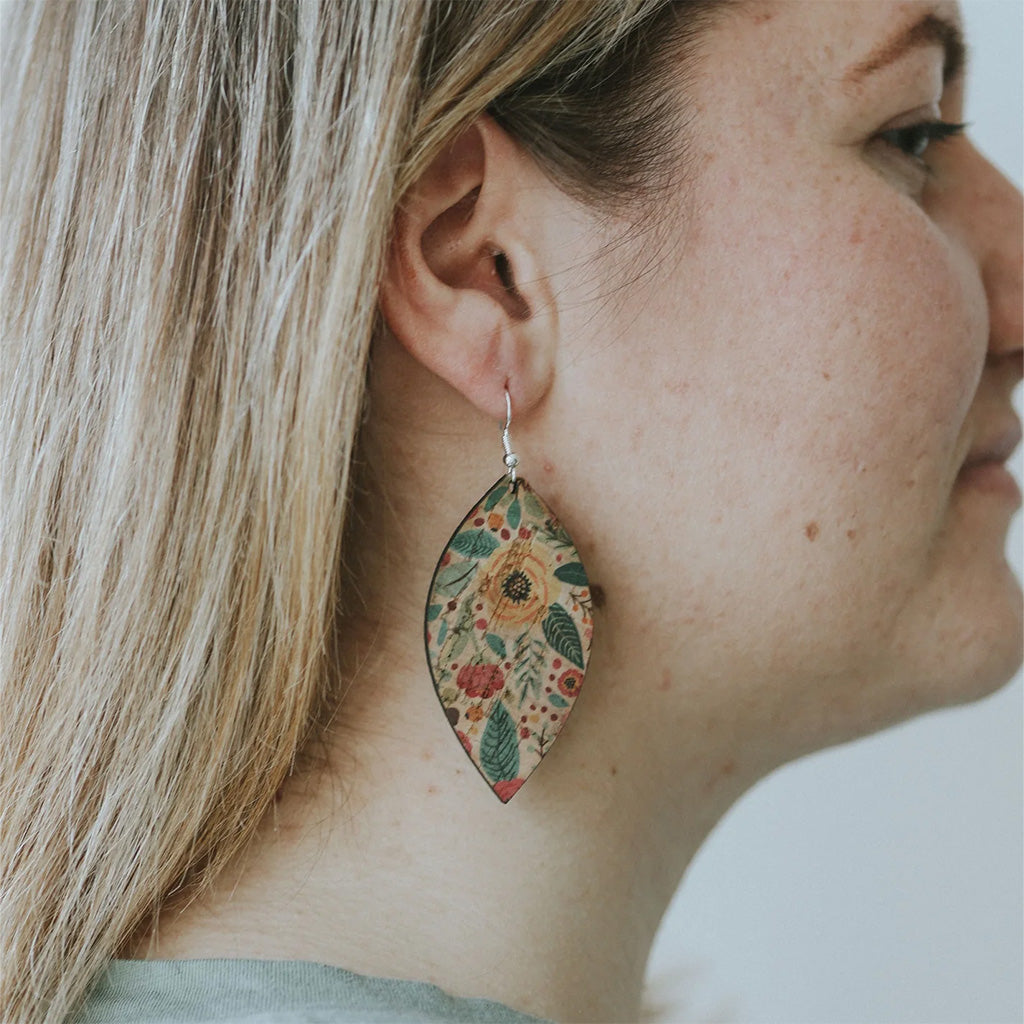 Plum Tree Handmade Green and Pink Floral Leaf Cork Earrings