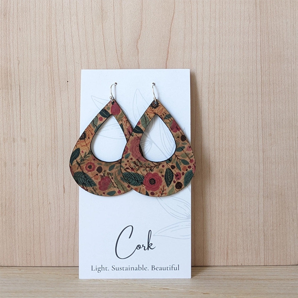 Plum Tree Handmade Green and Pink Floral Teardrop Cork Earrings