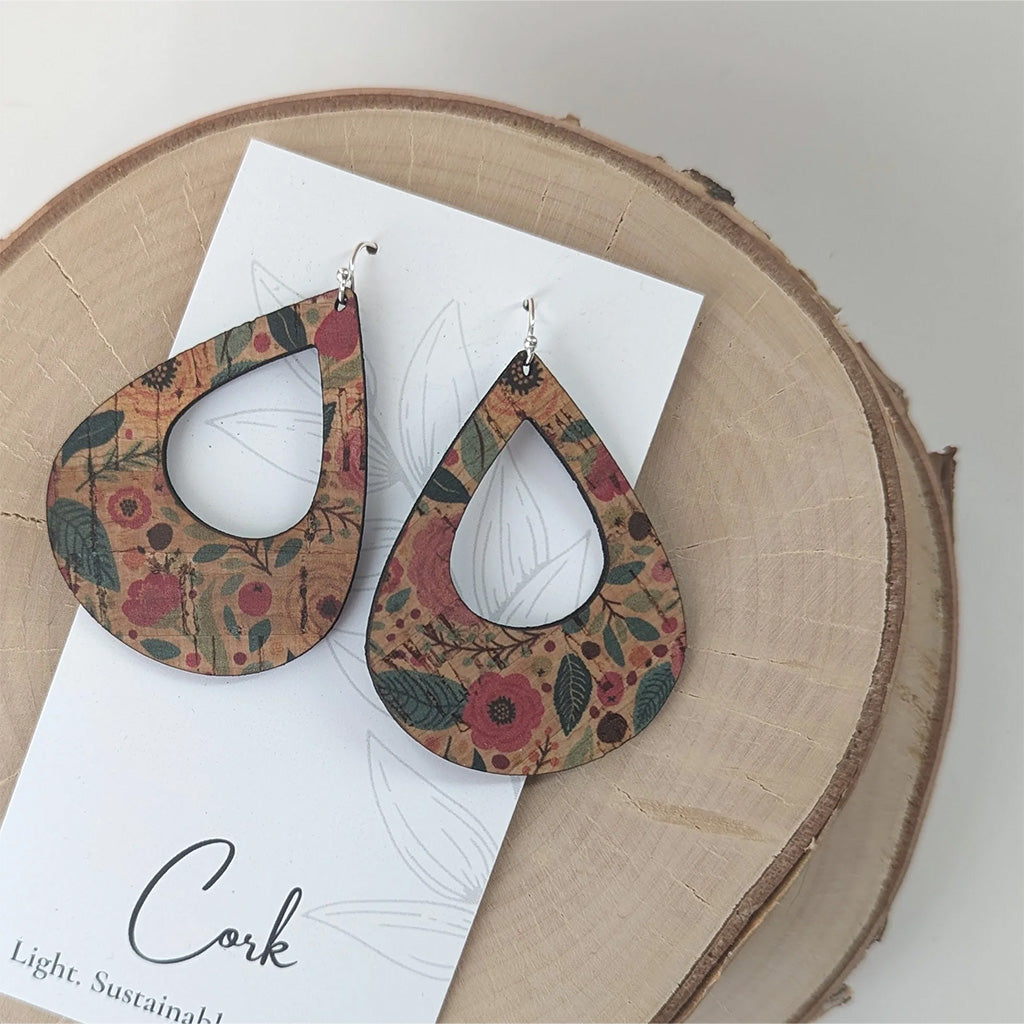 Plum Tree Handmade Green and Pink Floral Teardrop Cork Earrings