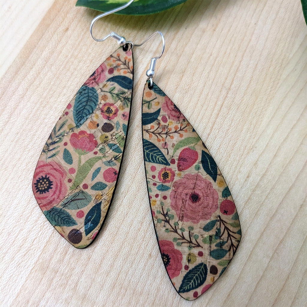 Plum Tree Handmade Green and Pink Floral Wing Cork Earrings