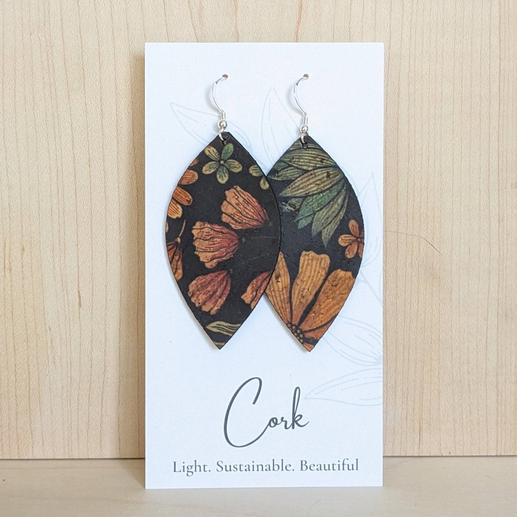 Plum Tree Handmade Floral on Black Leaf Cork Earrings