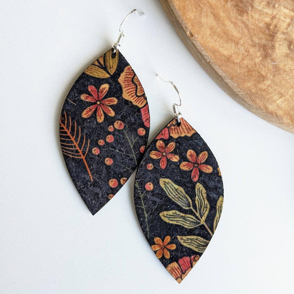 Plum Tree Handmade Floral on Black Leaf Cork Earrings