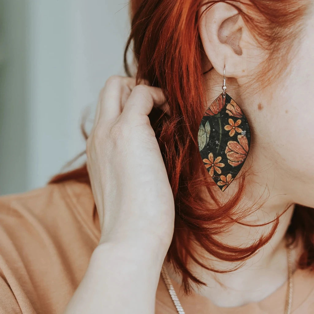 Plum Tree Handmade Floral on Black Leaf Cork Earrings
