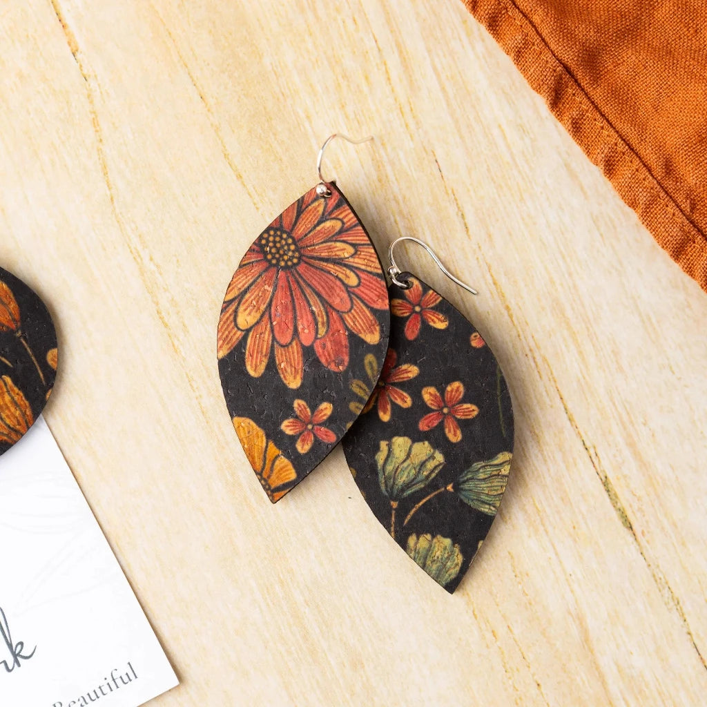 Plum Tree Handmade Floral on Black Leaf Cork Earrings