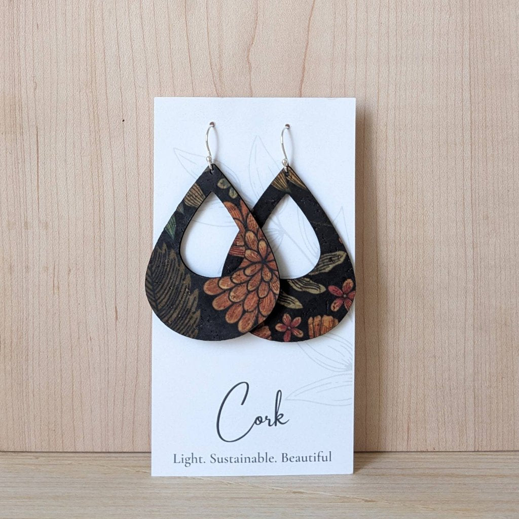 Plum Tree Handmade Floral on Black Teardrop Cork Earrings