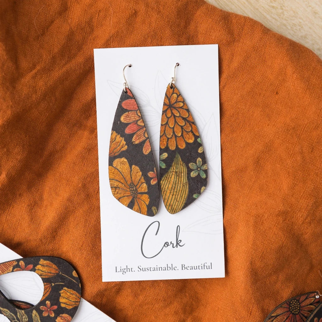 Plum Tree Handmade Floral on Black Wing Cork Earrings