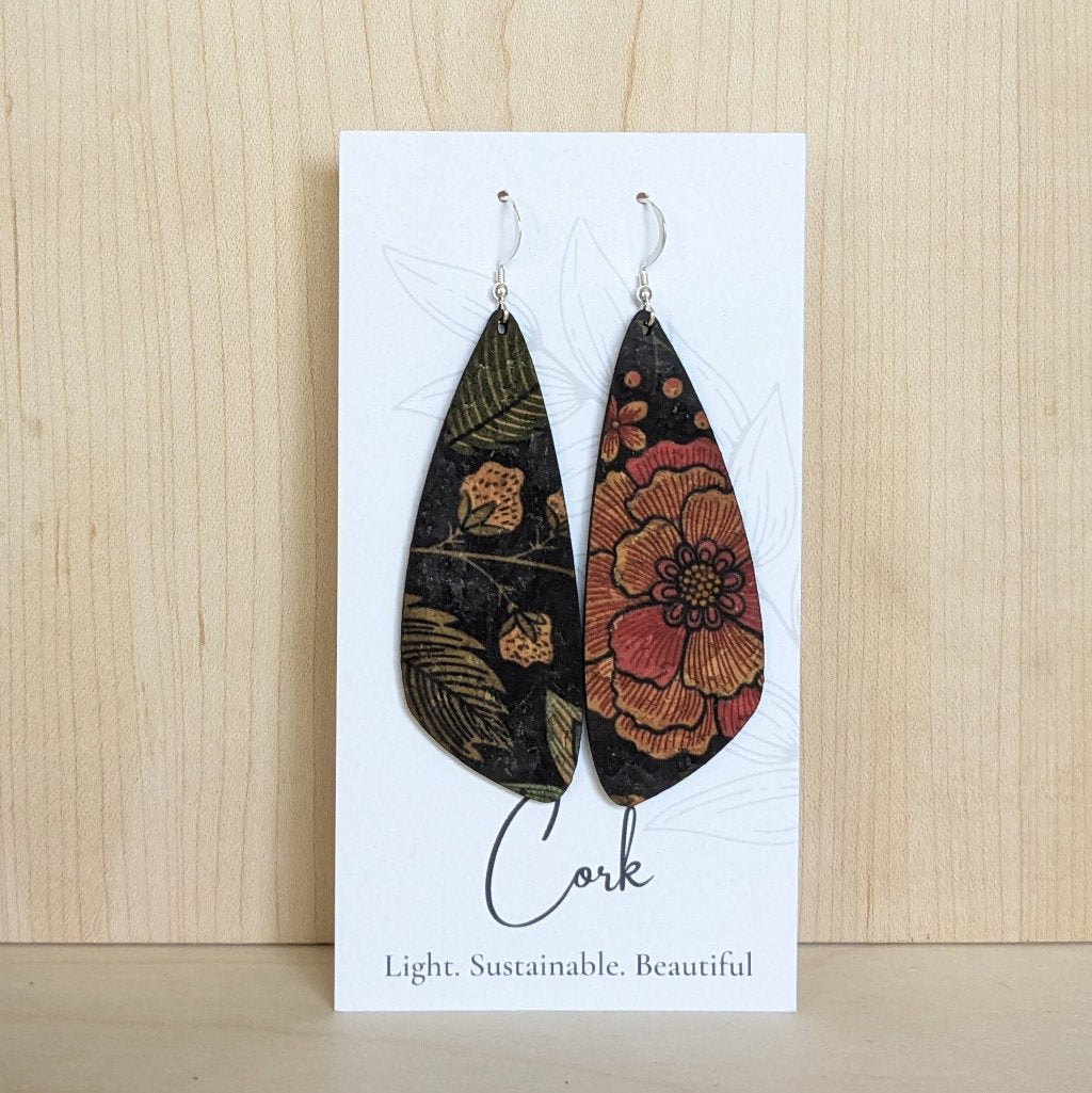 Plum Tree Handmade Floral on Black Wing Cork Earrings