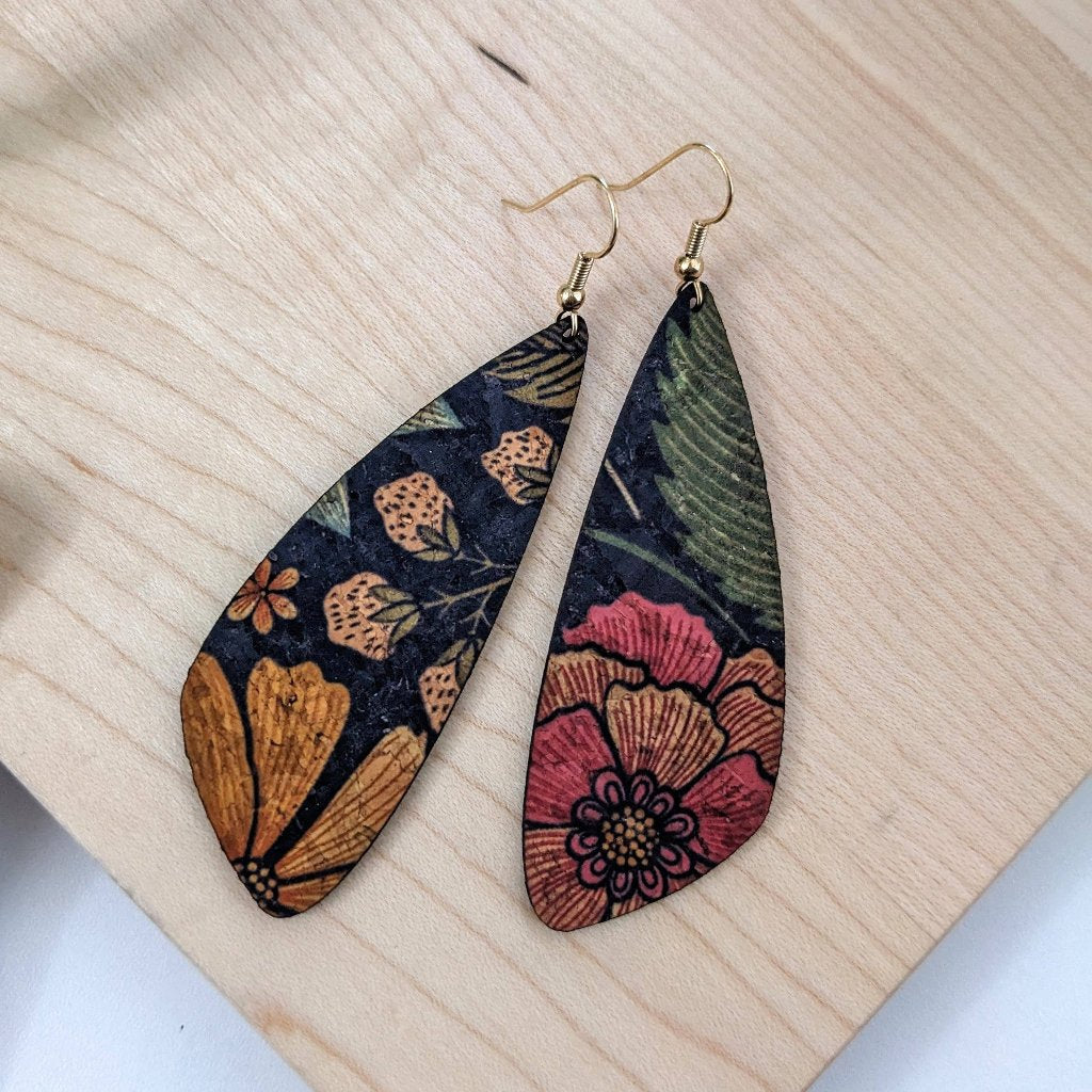 Plum Tree Handmade Floral on Black Wing Cork Earrings