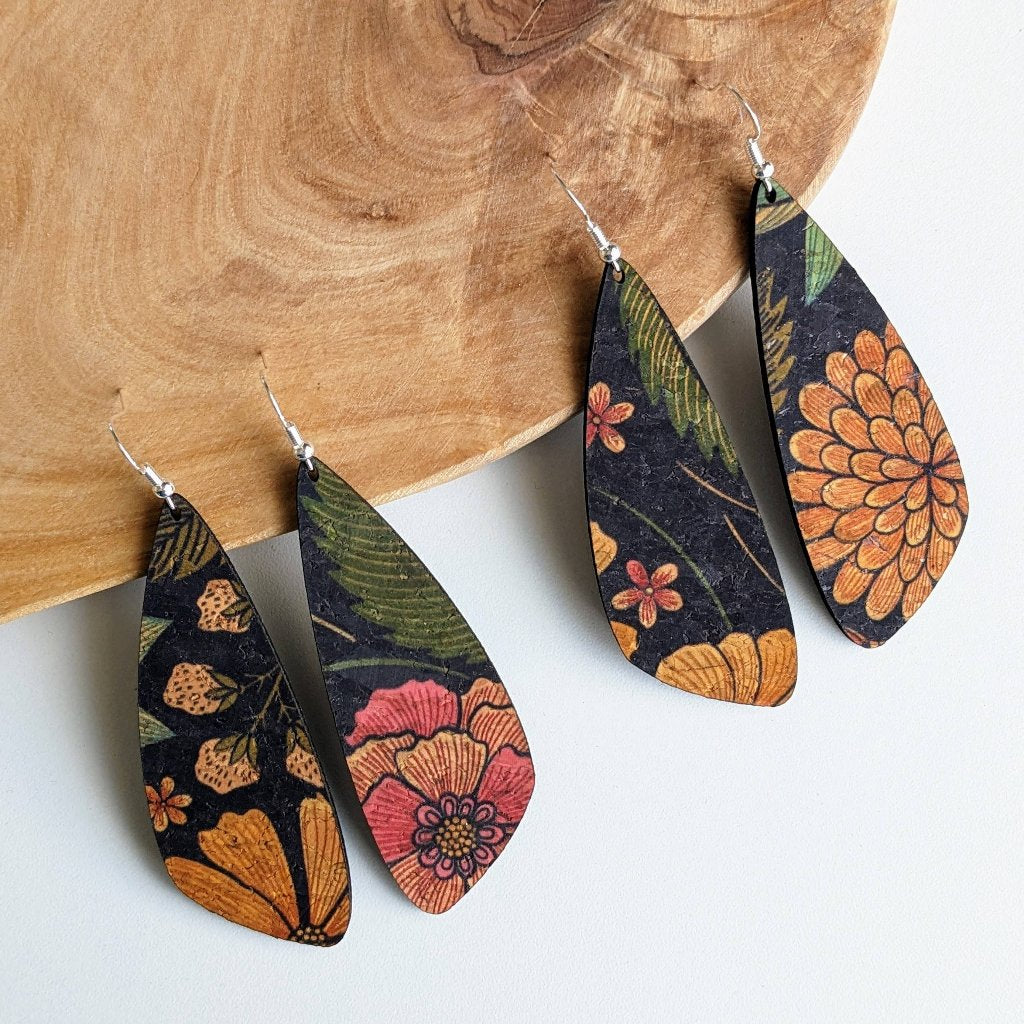 Plum Tree Handmade Floral on Black Wing Cork Earrings
