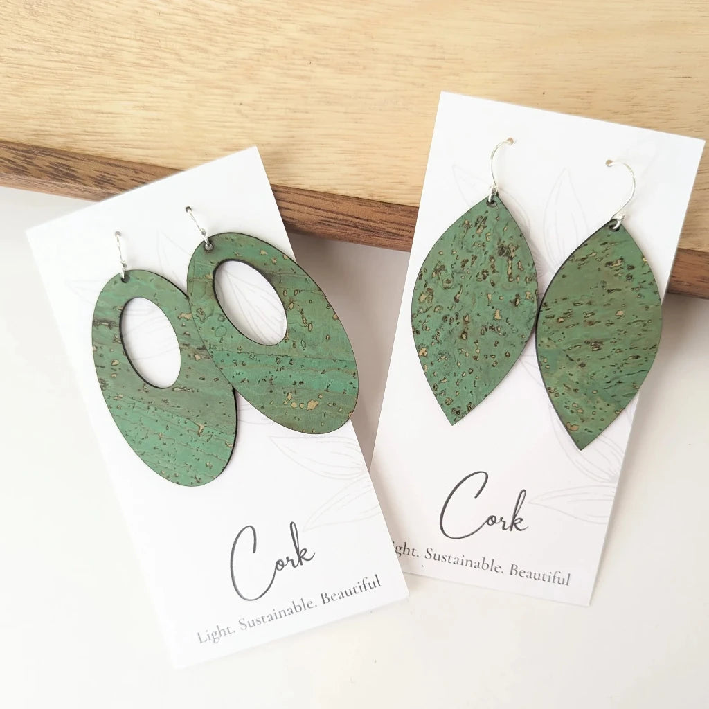Plum Tree Handmade Grass Green Leaf Cork Earrings