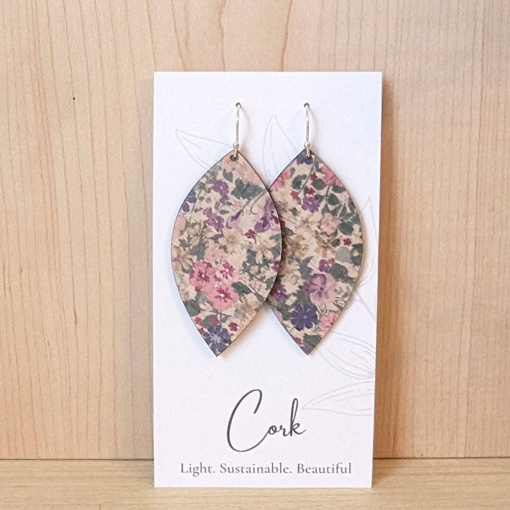Plum Tree Handmade Pink Pansies Leaf Cork Earrings