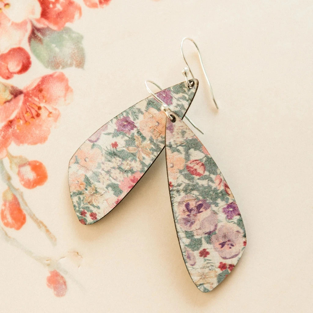 Plum Tree Handmade Pink Pansies Small Wing Cork Earrings