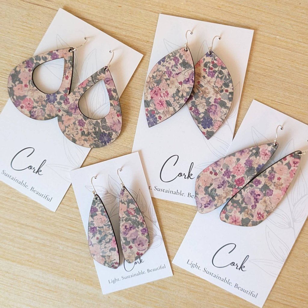 Plum Tree Handmade Pink Pansies Teardrop Cork Earrings