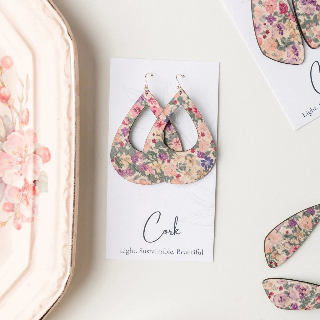 Plum Tree Handmade Pink Pansies Teardrop Cork Earrings