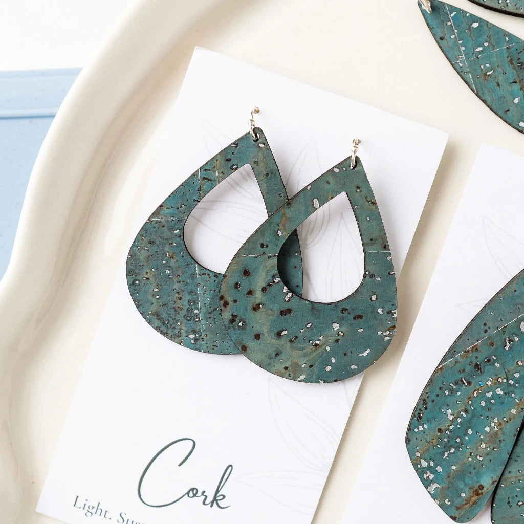 Plum Tree Handmade Sea Blue Teardrop Cork Earrings