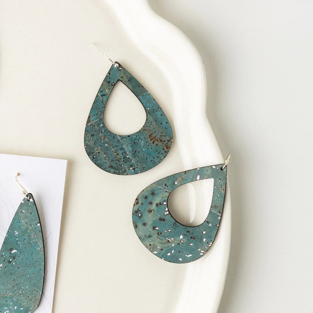 Plum Tree Handmade Sea Blue Teardrop Cork Earrings