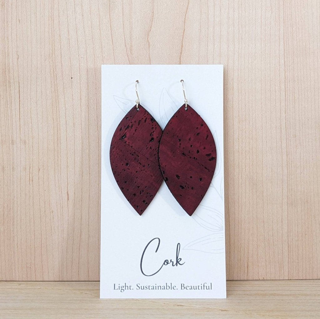 Plum Tree Handmade Wine Red Leaf Cork Earrings