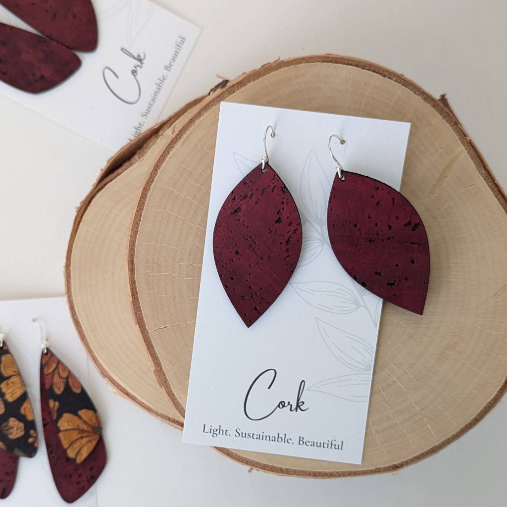 Plum Tree Handmade Wine Red Leaf Cork Earrings
