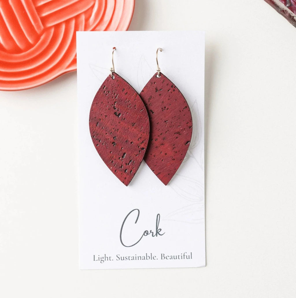Plum Tree Handmade Wine Red Leaf Cork Earrings