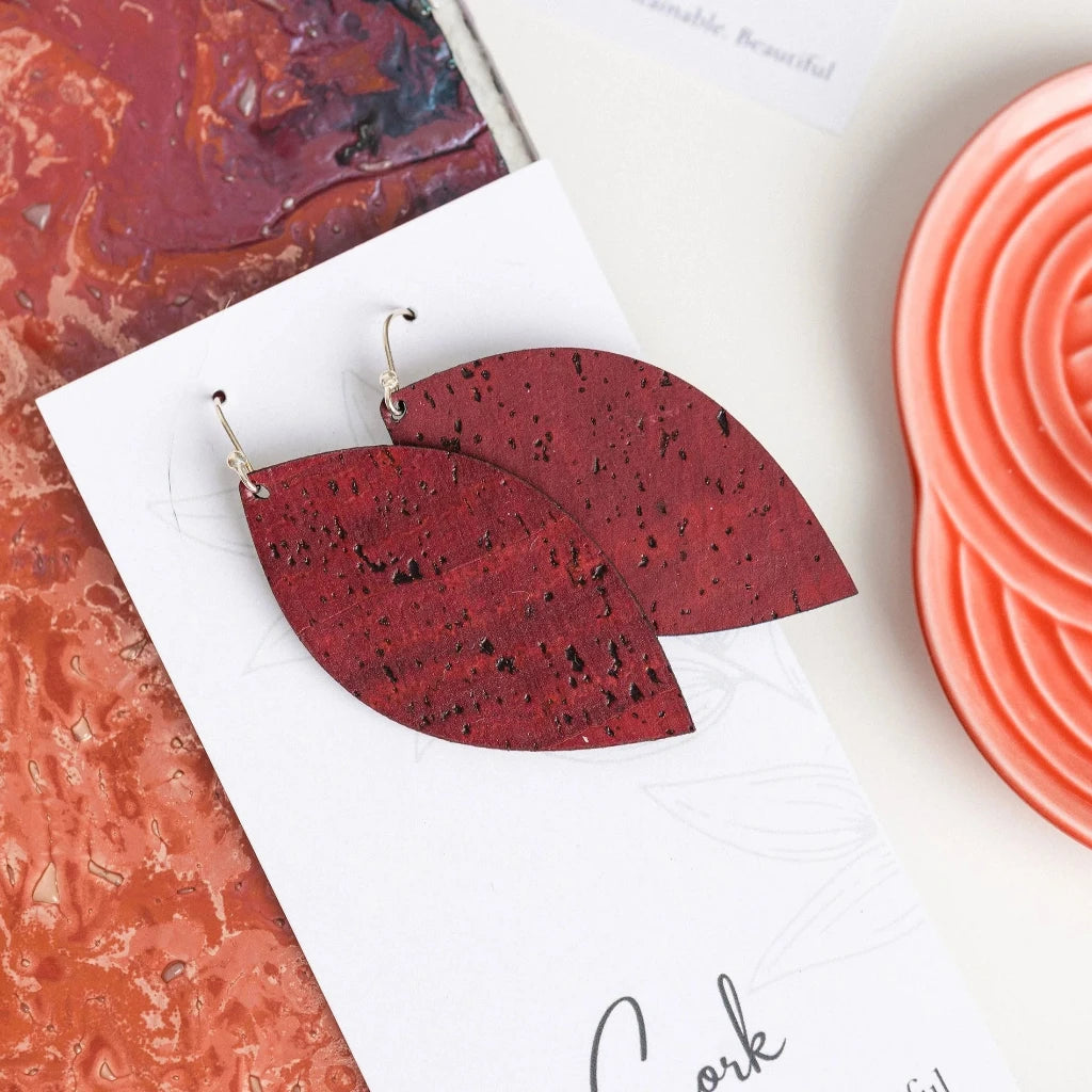 Plum Tree Handmade Wine Red Leaf Cork Earrings