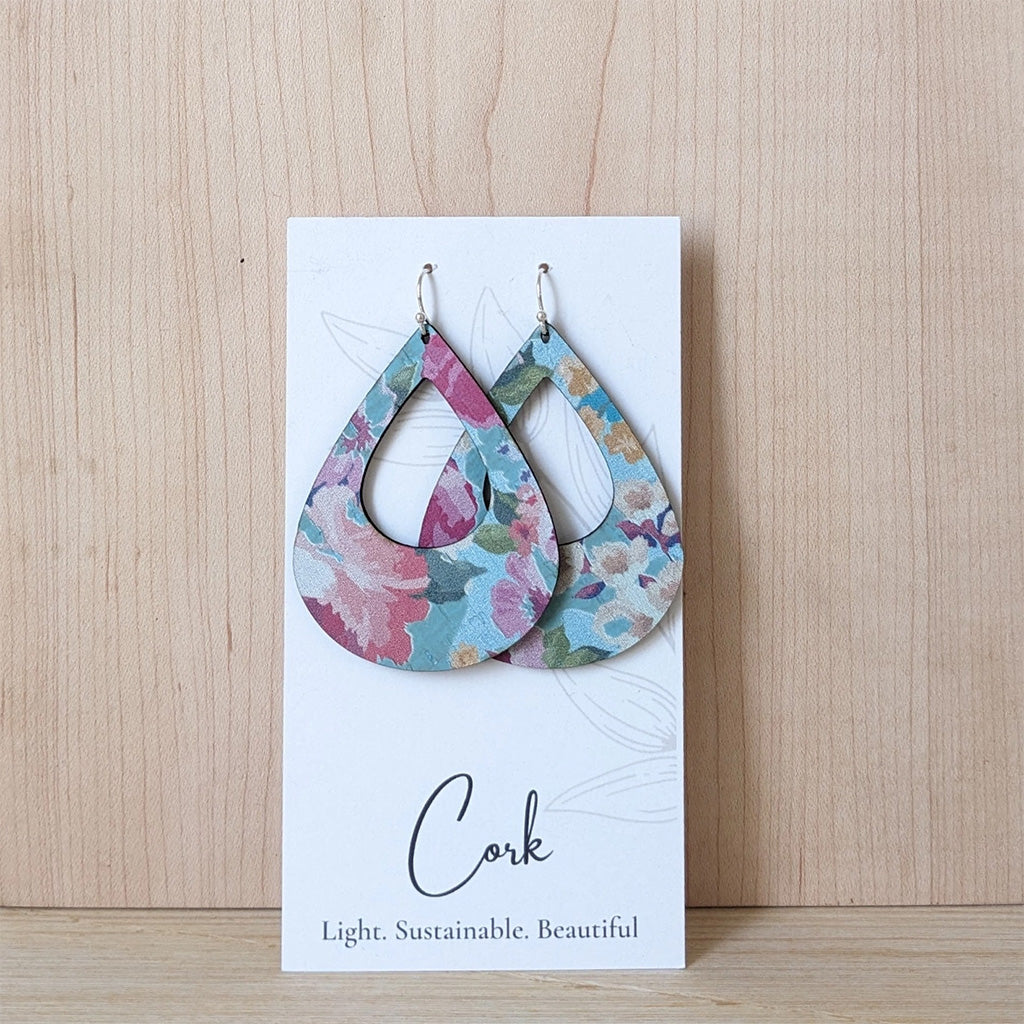 Plum Tree Handmade Spring Floral on Blue Teardrop Cork Earrings