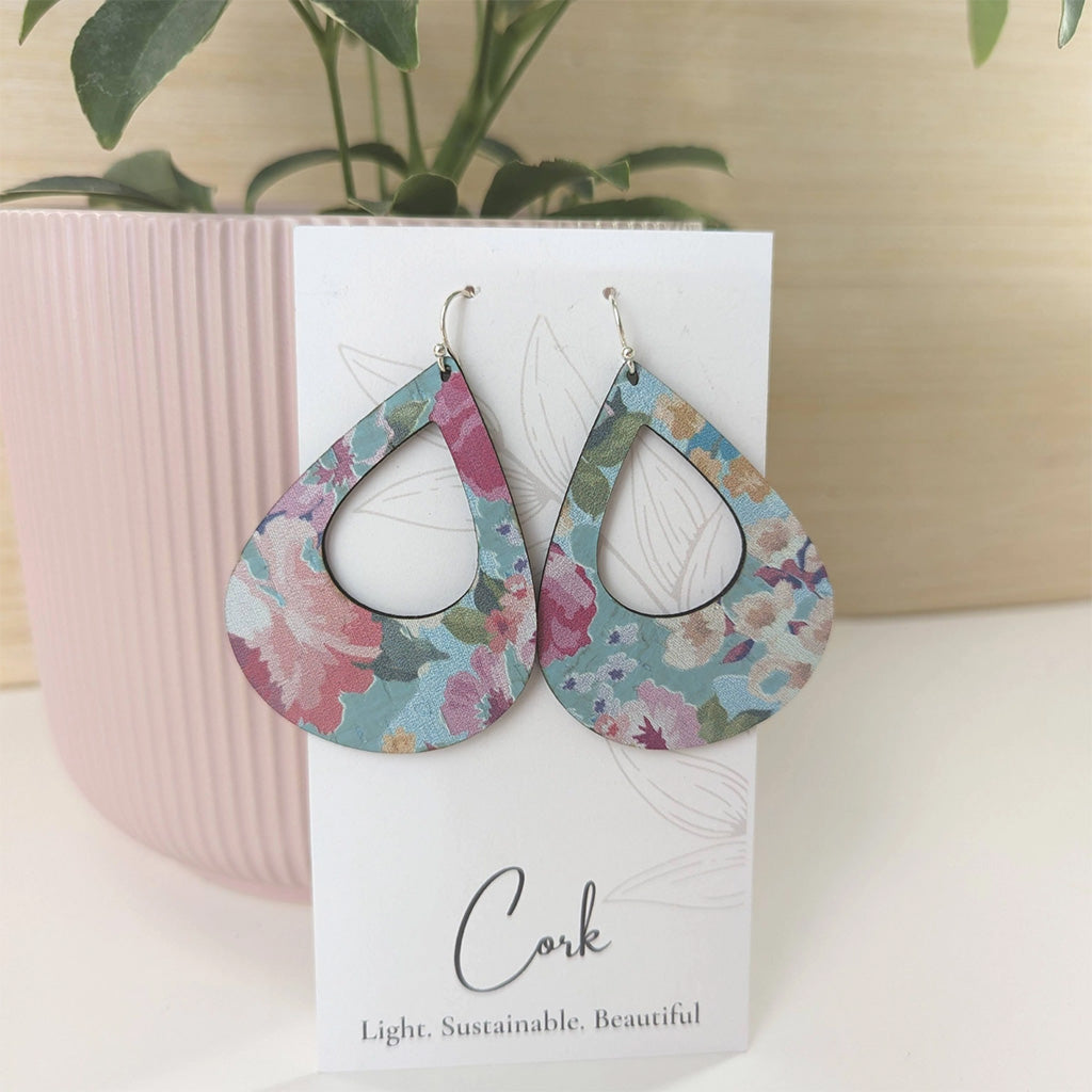 Plum Tree Handmade Spring Floral on Blue Teardrop Cork Earrings
