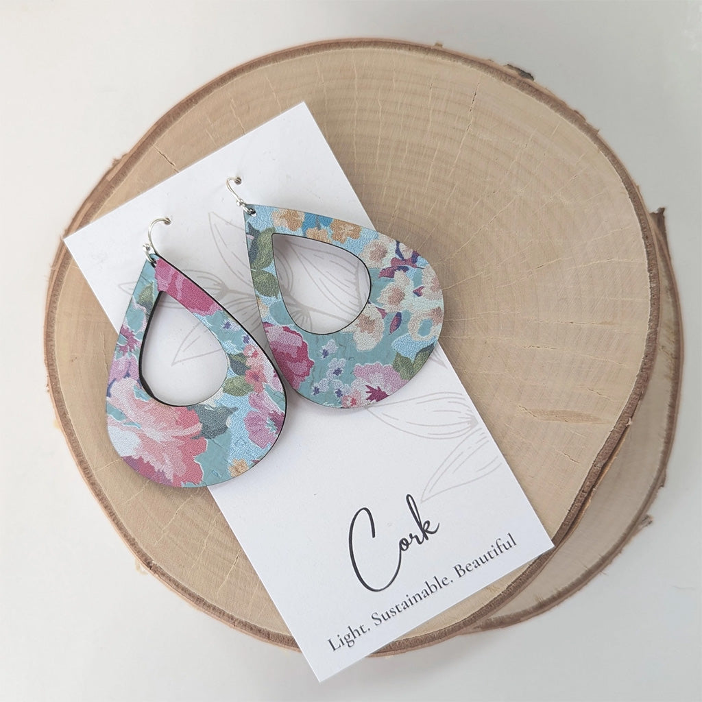 Plum Tree Handmade Spring Floral on Blue Teardrop Cork Earrings