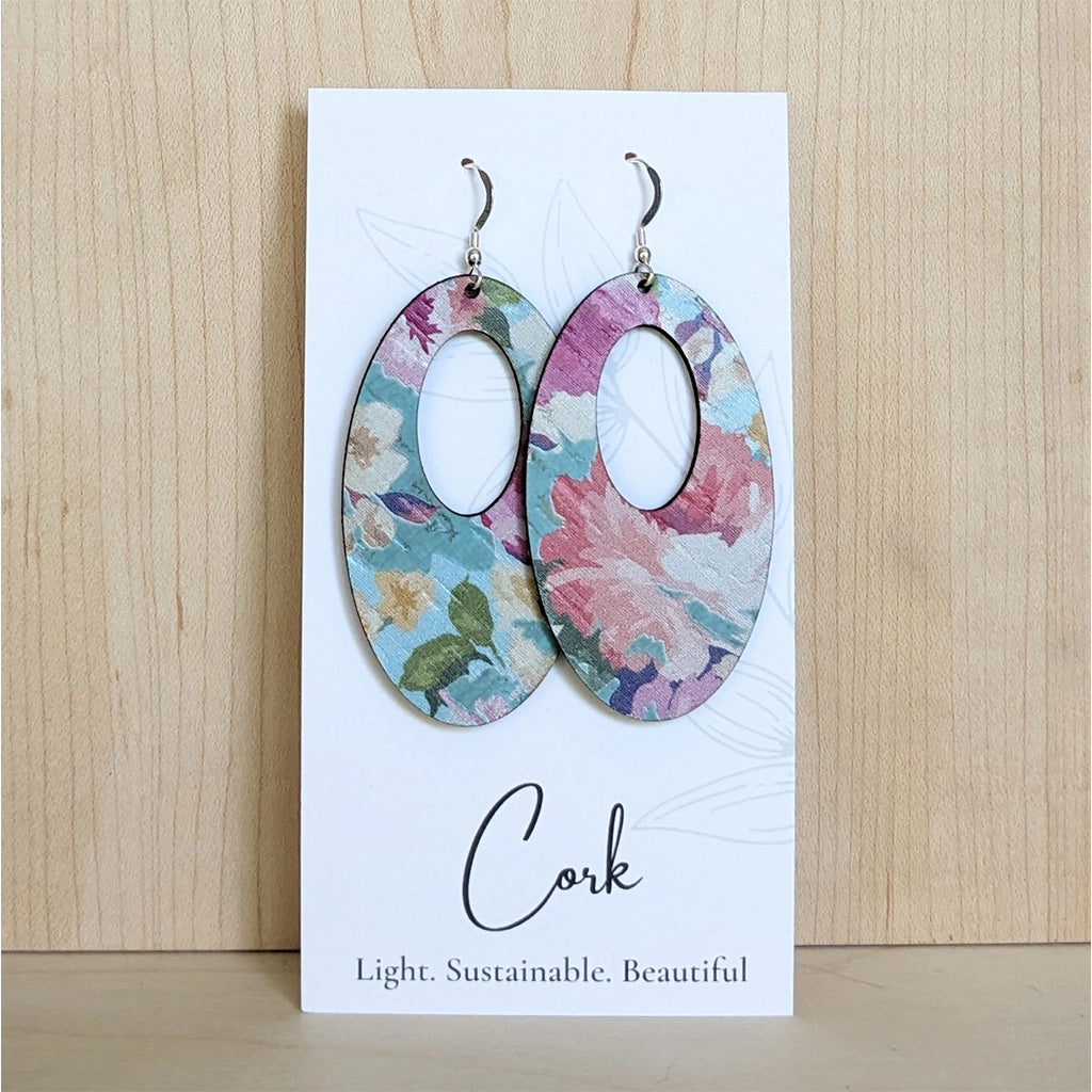 Plum Tree Spring Watercolour Oval Cork Earrings