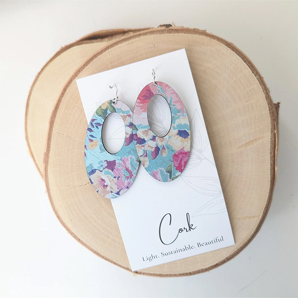 Plum Tree Spring Watercolour Oval Cork Earrings