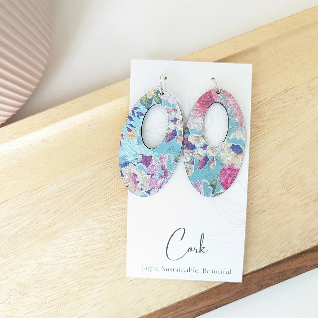 Plum Tree Spring Watercolour Oval Cork Earrings