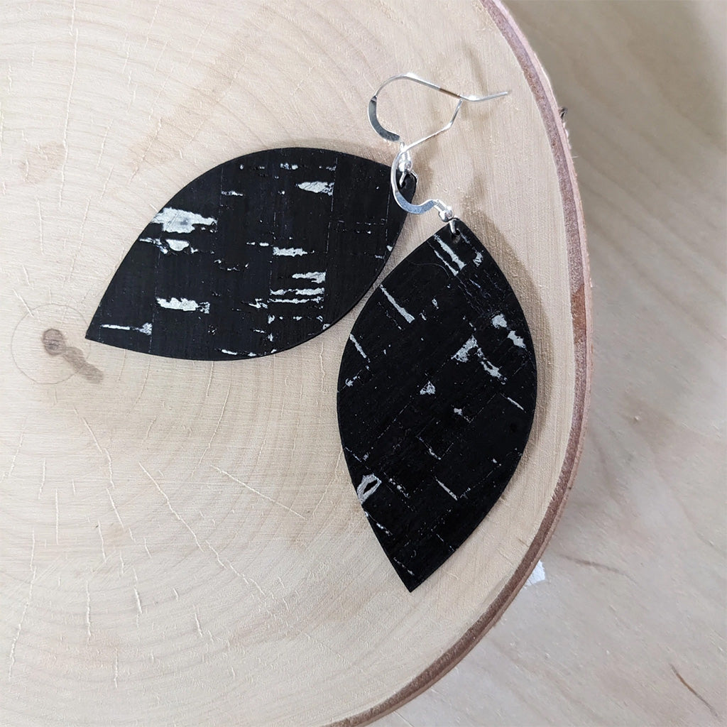 Plum Tree Handmade Goods Black with Silver Cork Leaf Earrings