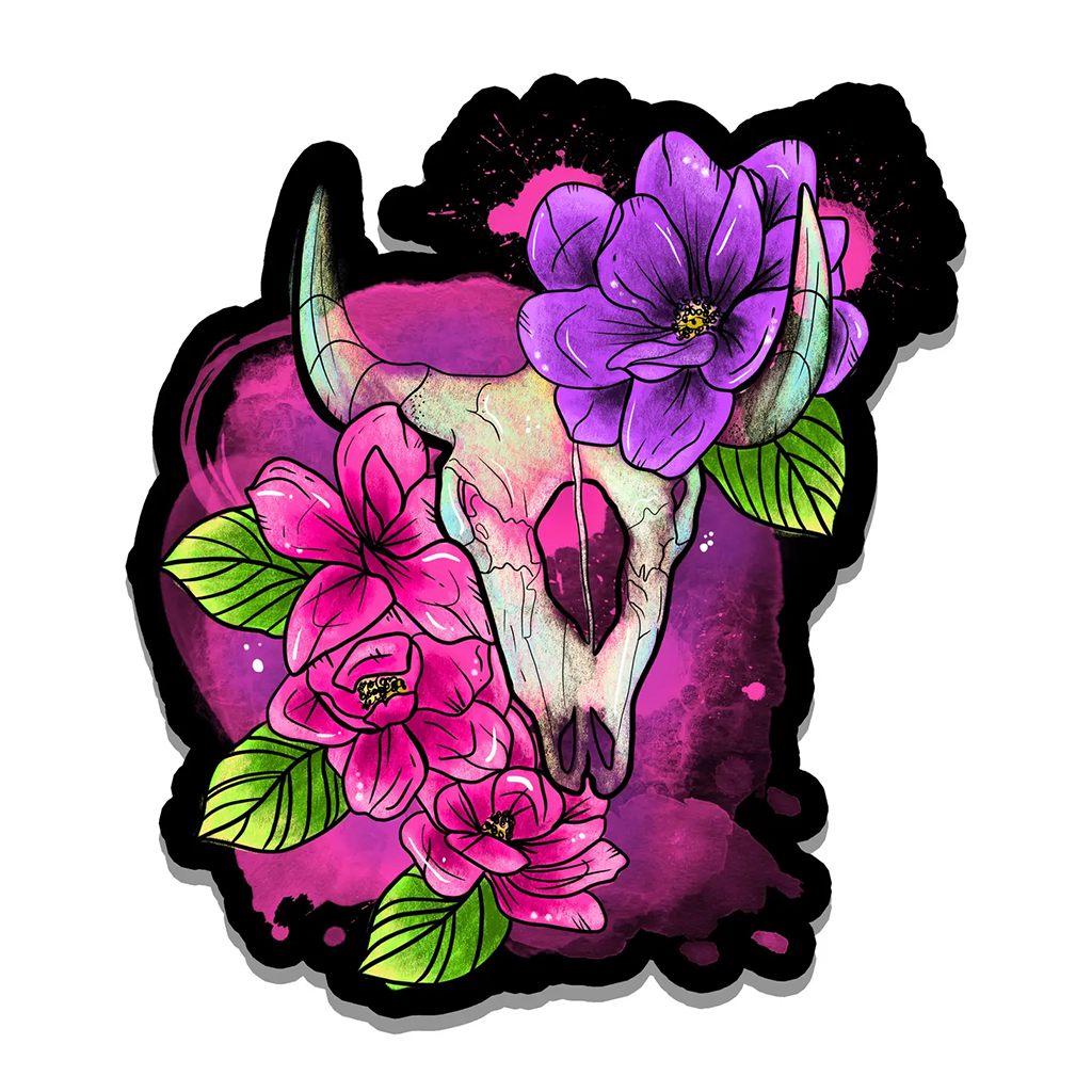 Rebel and Siren Colourful Floral Cow Skull Sticker