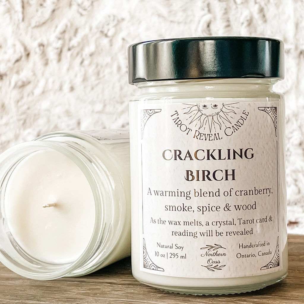 Northern Oasis Crackling Birch Tarot and Crystal Reveal Candle
