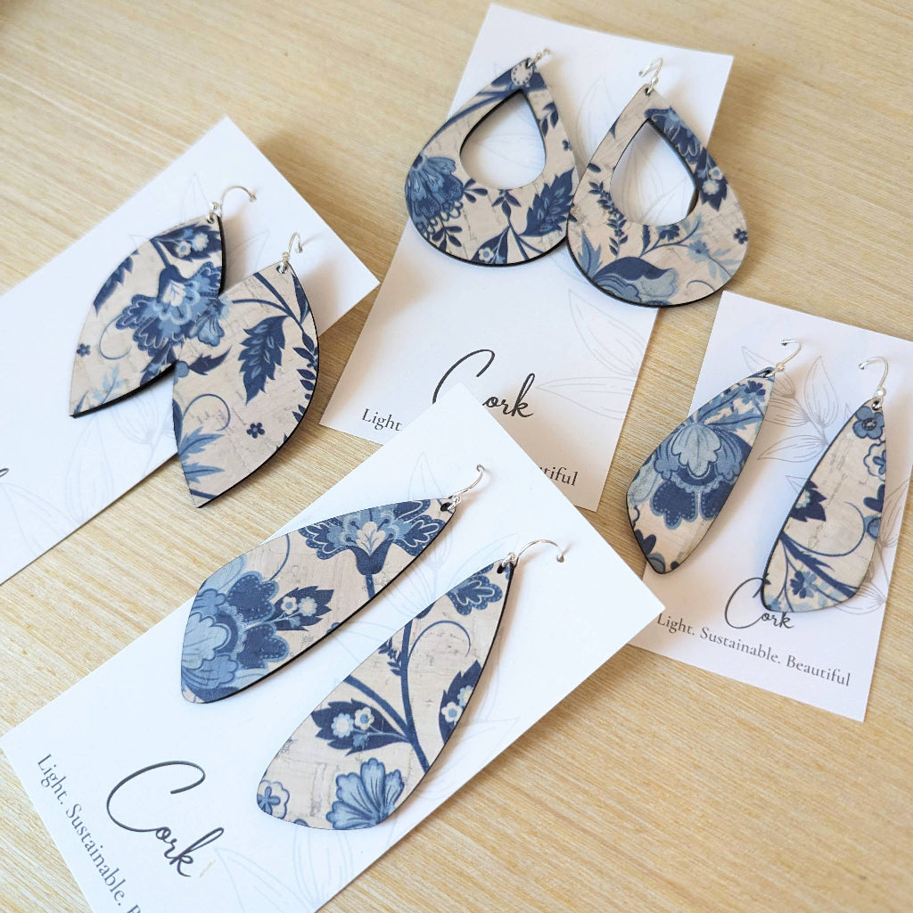 Blue and White Floral Cork Earrings