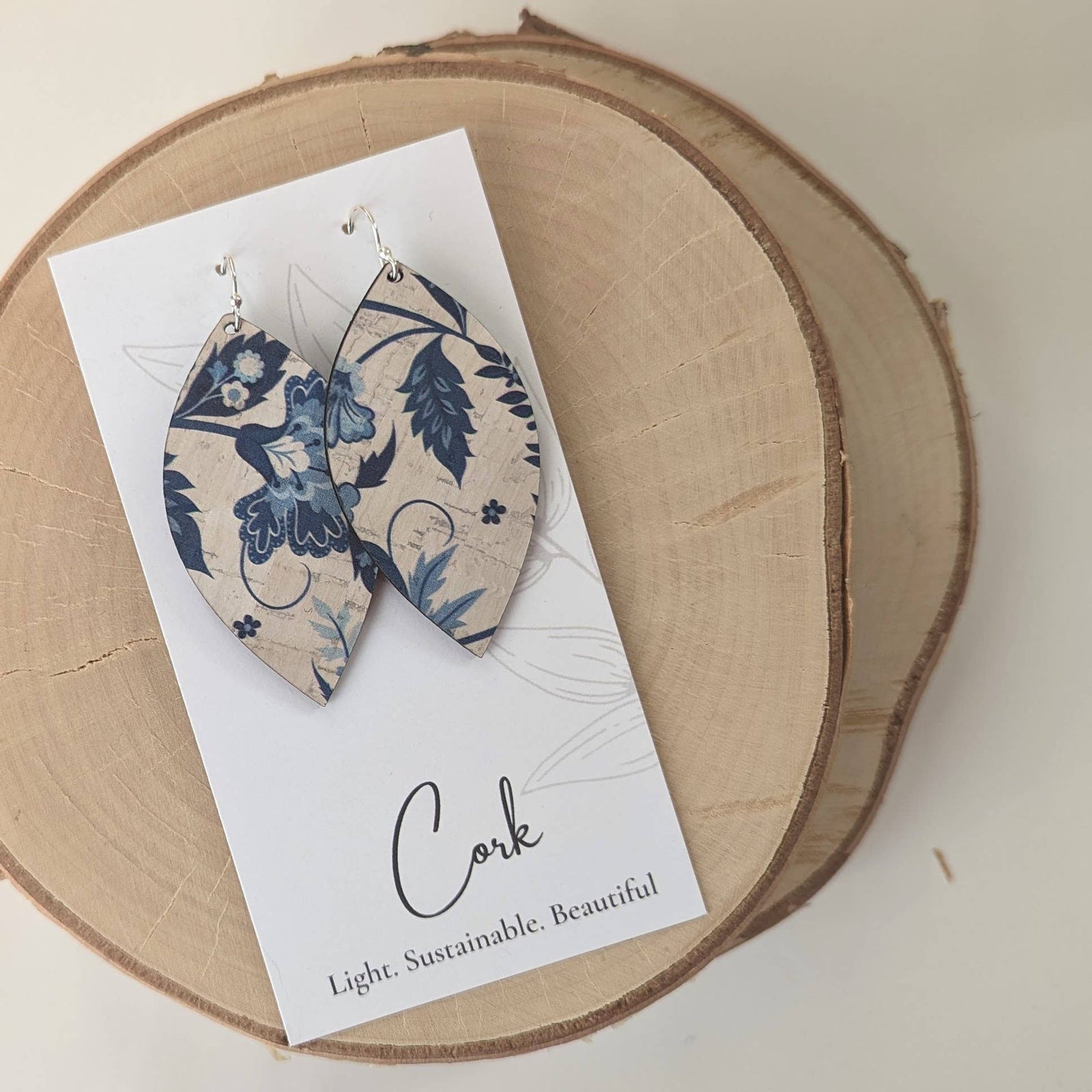 Blue and White Floral Large Leaf Cork Earrings