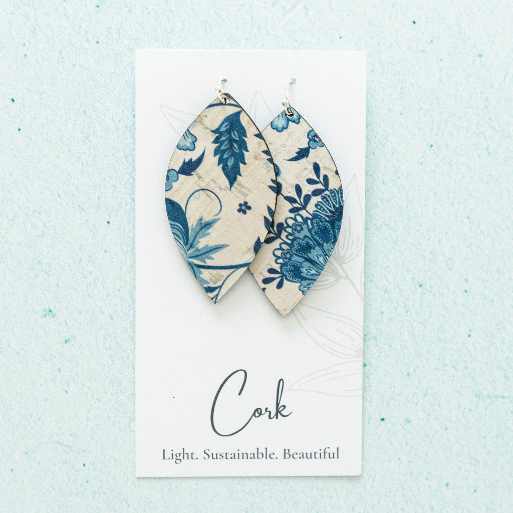 Blue and White Floral Large Leaf Cork Earrings