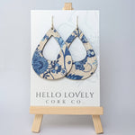 Blue and White Floral Large Teardrop Cork Earrings