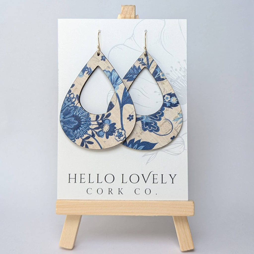 Blue and White Floral Large Teardrop Cork Earrings