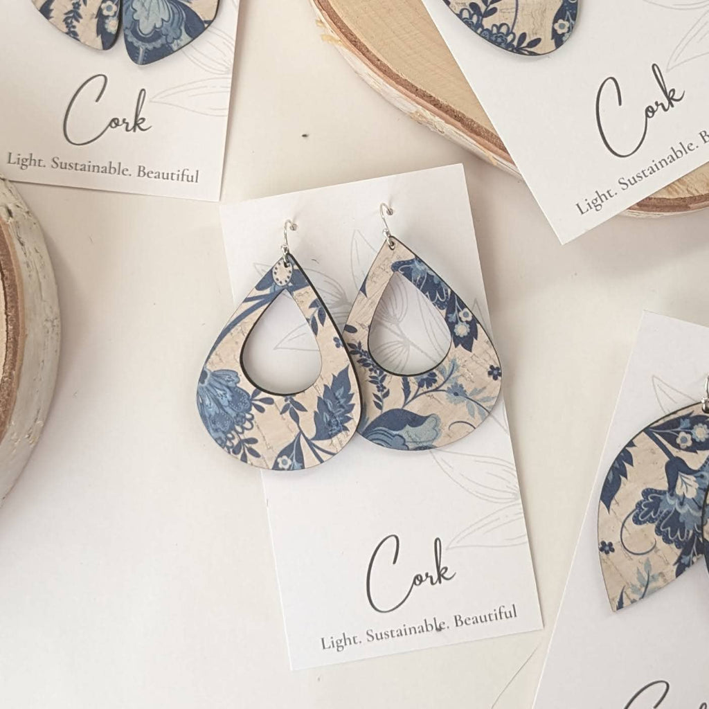 Blue and White Floral Large Teardrop Cork Earrings