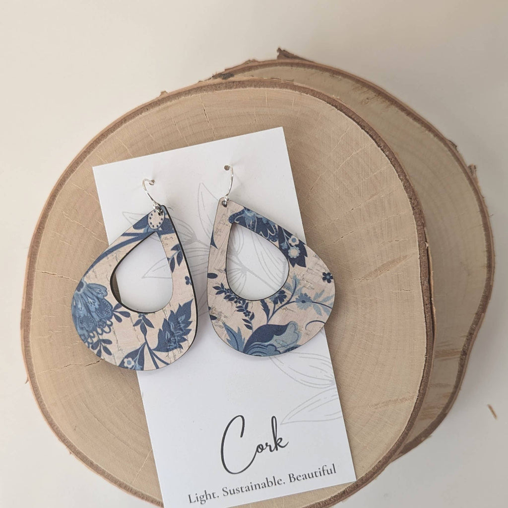 Blue and White Floral Large Teardrop Cork Earrings