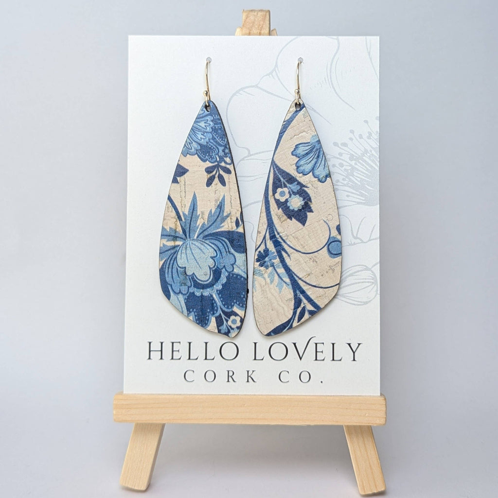 Blue and White Floral Wing Cork Earrings