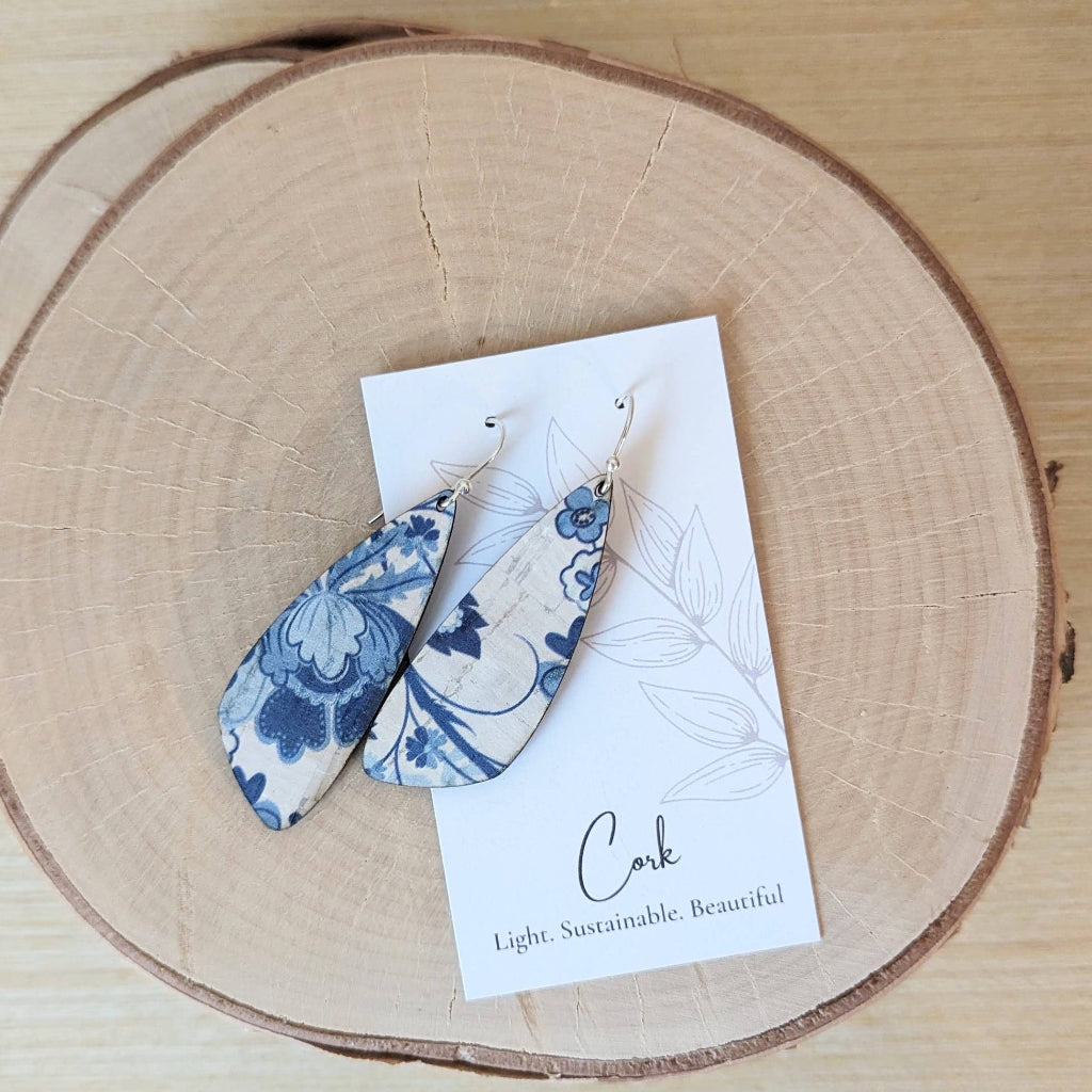 Blue and White Floral Small Wing Cork Earrings