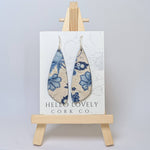 Blue and White Floral Small Wing Cork Earrings