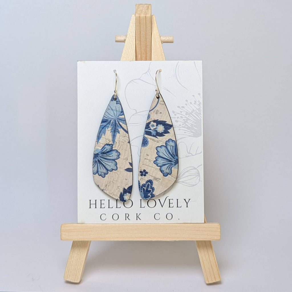Blue and White Floral Small Wing Cork Earrings